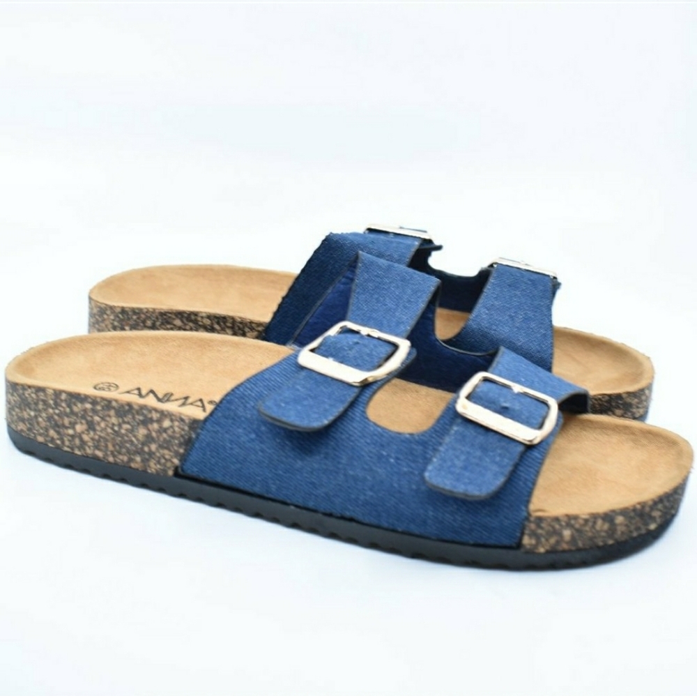 🥰Denim Double Buckle Cork Slide Sandals